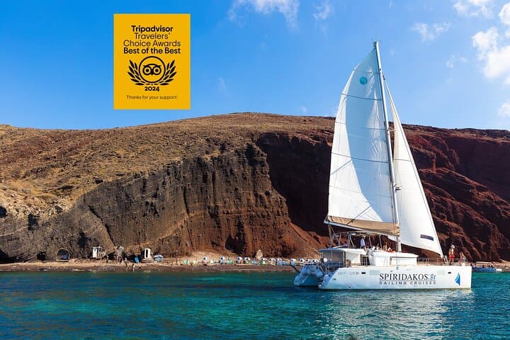 Santorini Classic Catamaran Cruise with BBQ, Drinks and Transfers